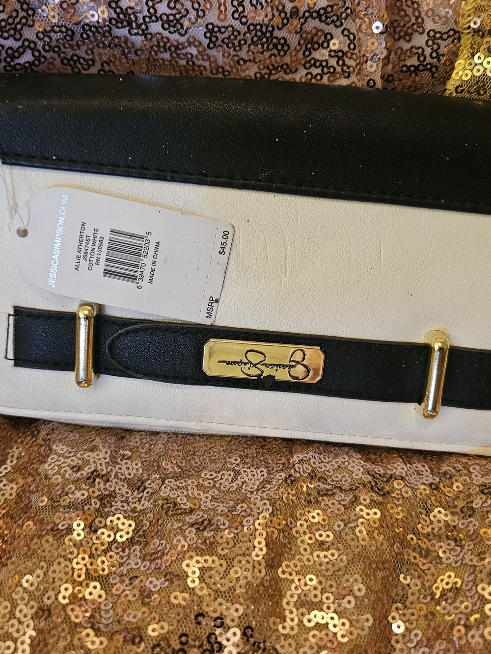 Jessica Simpson Black and White Two-Tone Clutch with Gold Accents